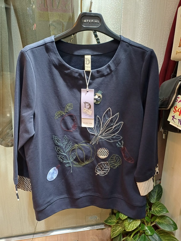 海軍藍刺繡撞色袖口長袖上衣