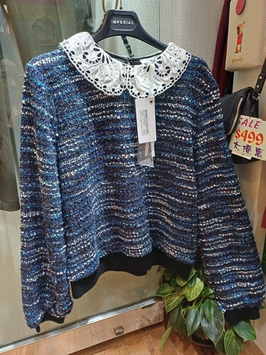 蕾絲娃娃領閃紋條紋針織上衣